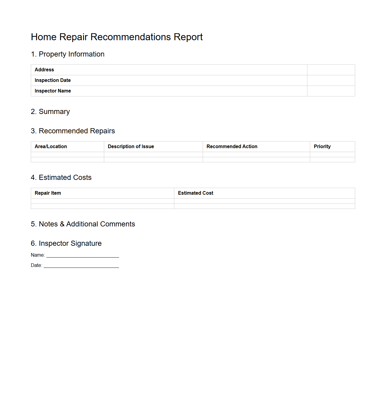 Home Repair Recommendations Report Format