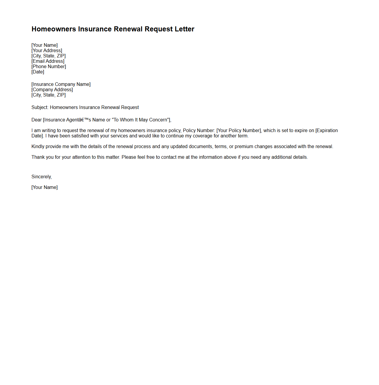 Homeowners Insurance Renewal Request Letter Template