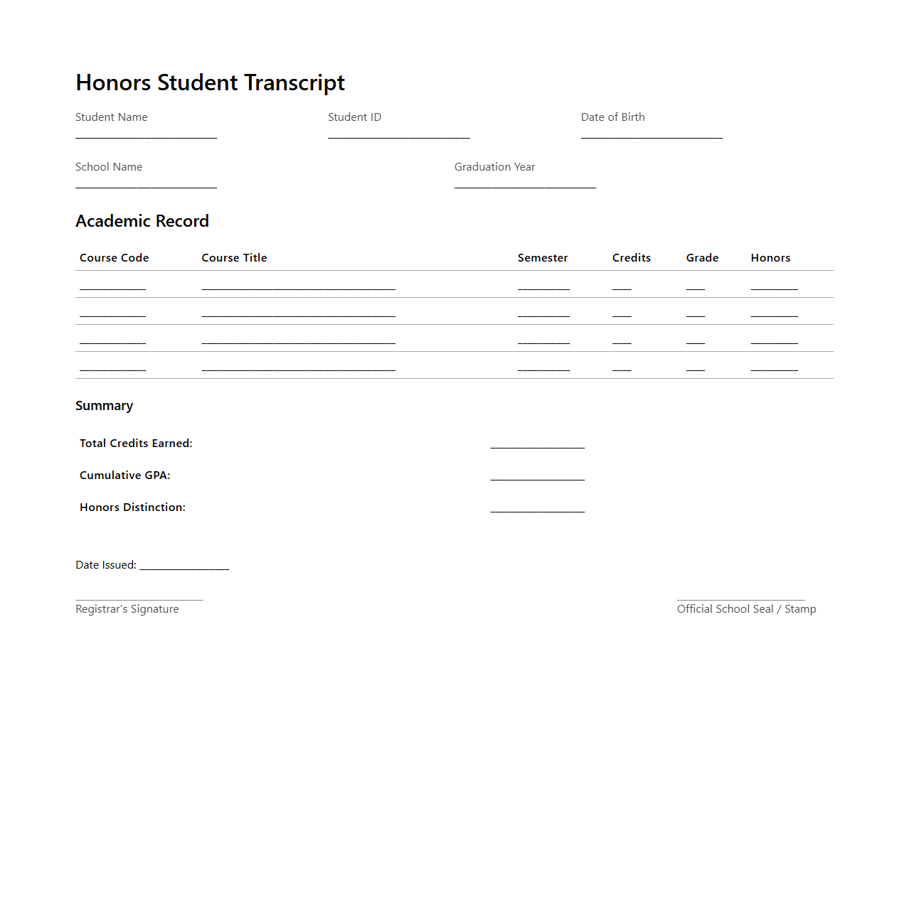 Honors Student Transcript Sample