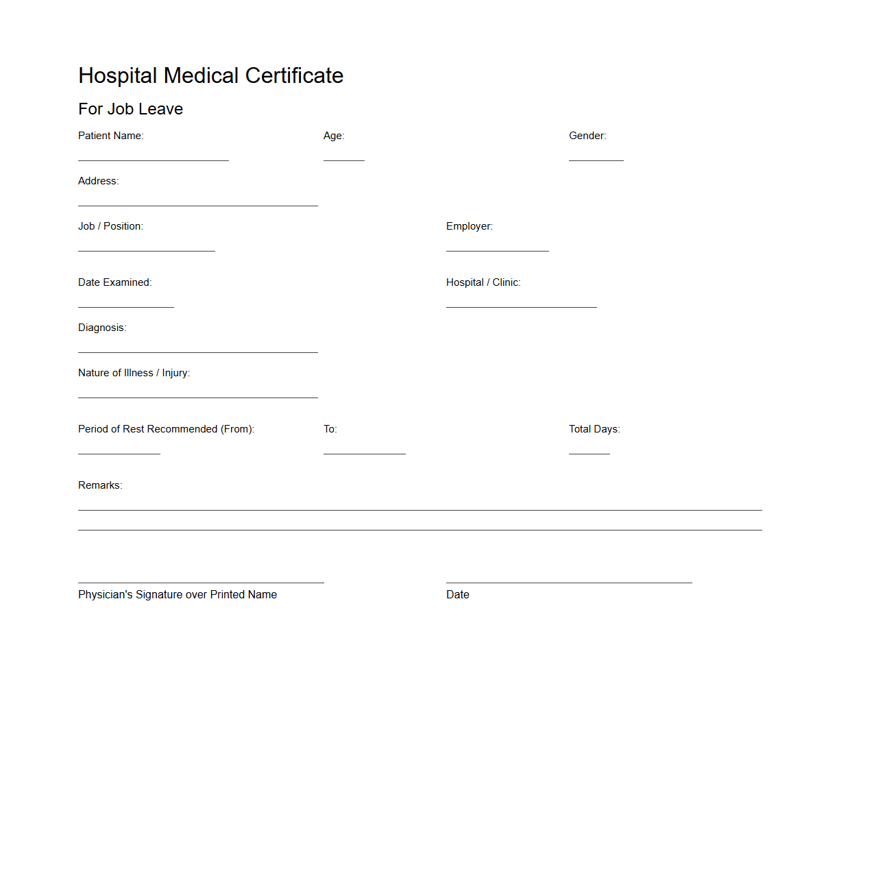 Hospital Medical Certificate for Job Leave
