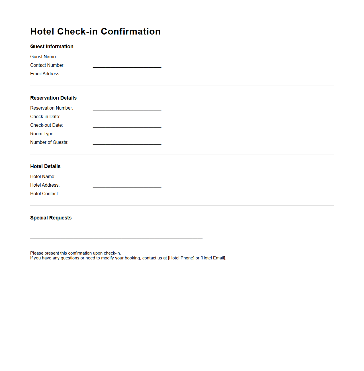 Hotel Check-in Confirmation Document Sample