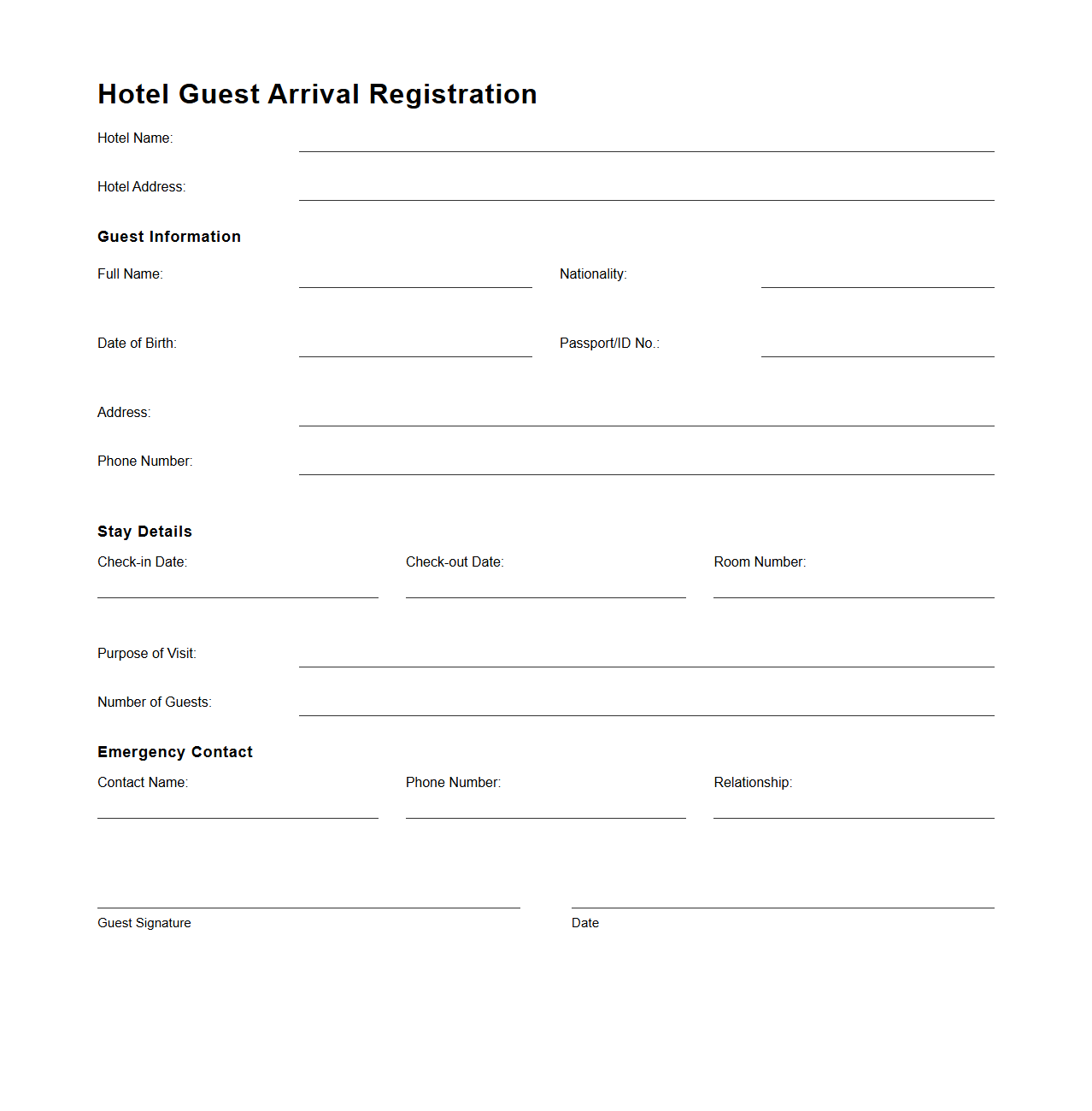 Hotel Guest Arrival Registration Document