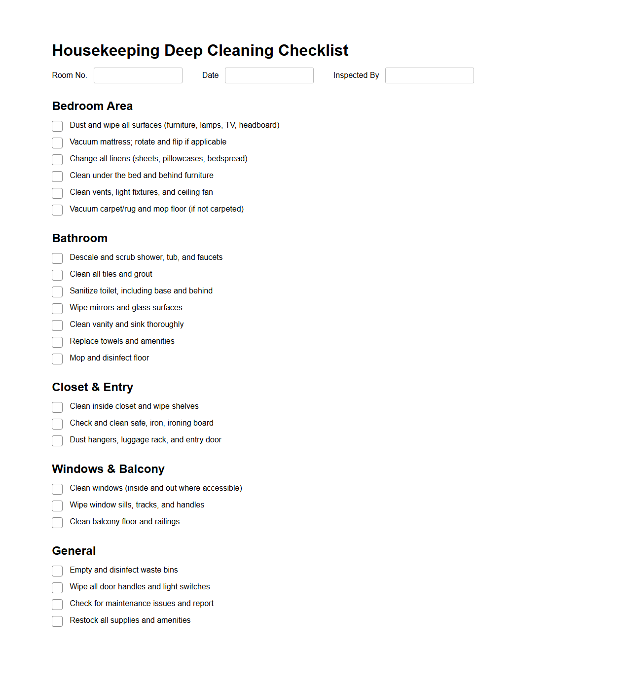 Housekeeping Deep Cleaning Checklist for Hotel Rooms