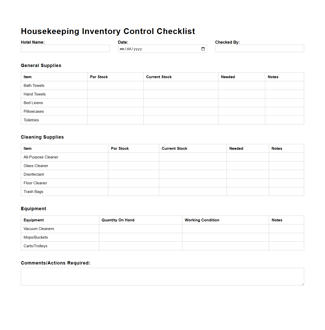 Housekeeping Inventory Control Checklist for Hotels