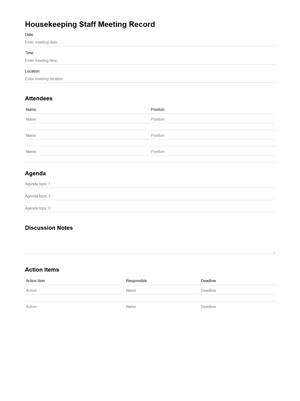 Housekeeping Staff Meeting Record Sample for Hotel Operations