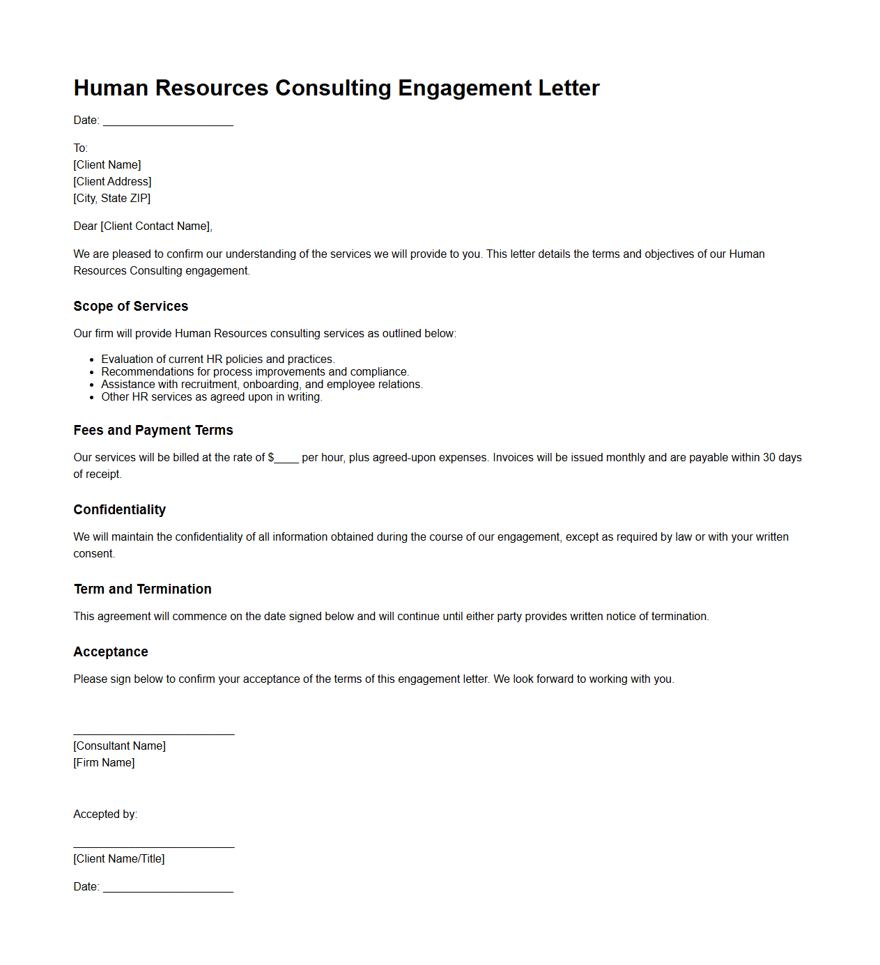 Human Resources Consulting Engagement Letter Example