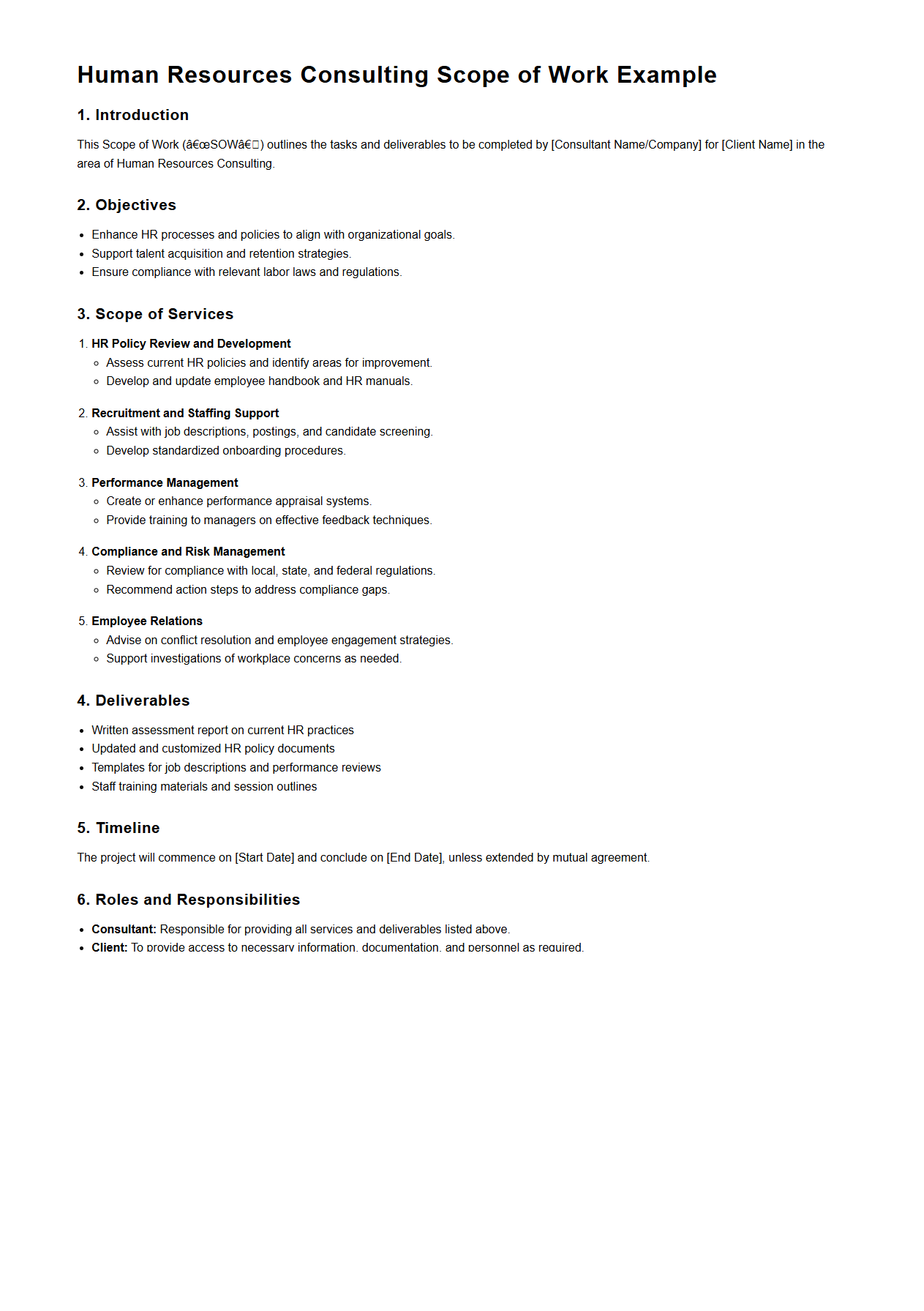 Human Resources Consulting Scope of Work Example