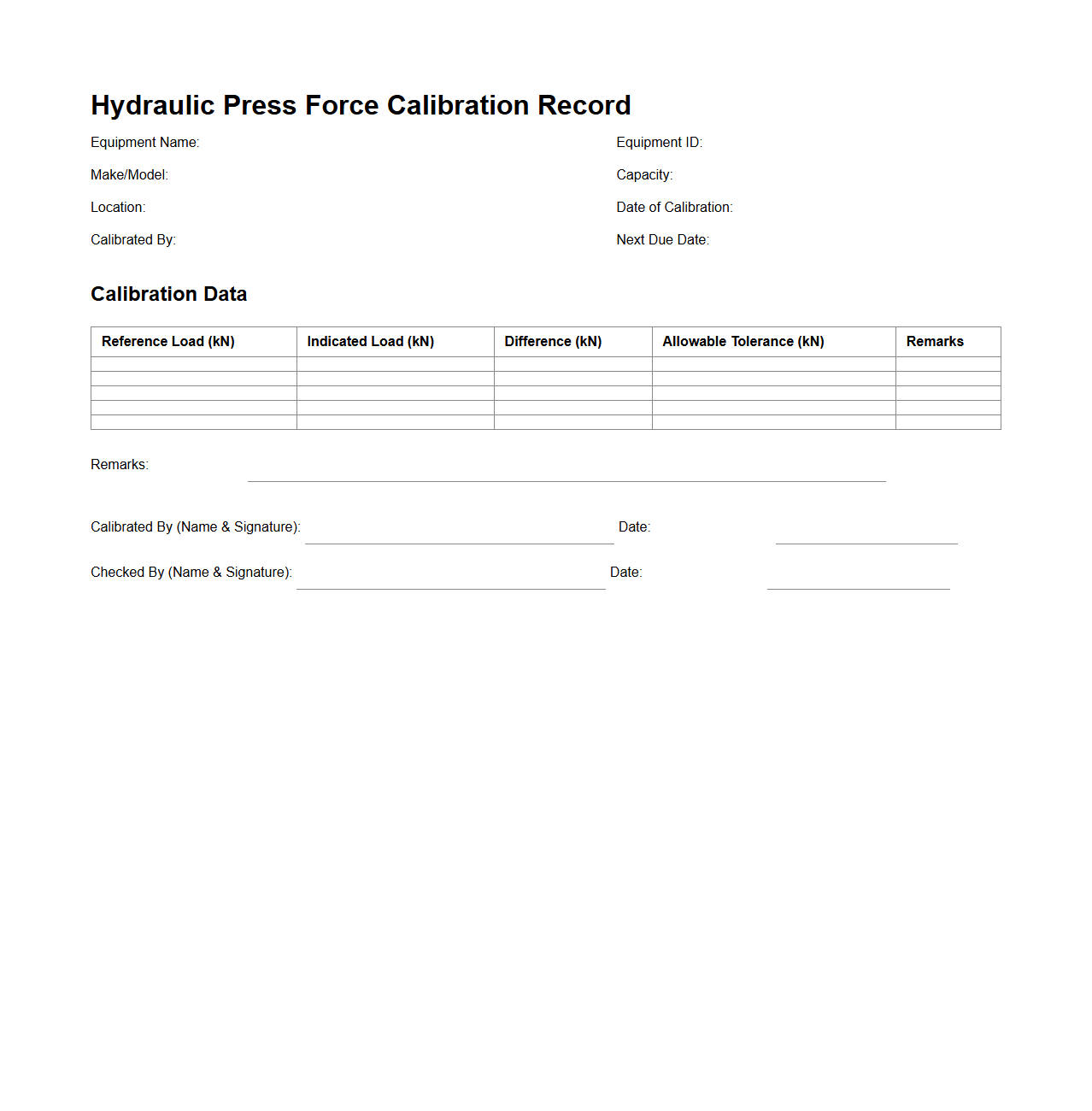 Hydraulic Press Force Calibration Record