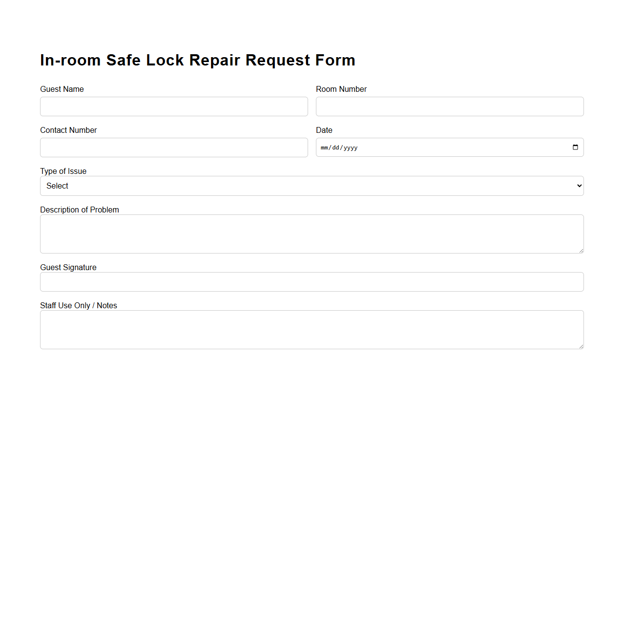 In-room Safe Lock Repair Request Form