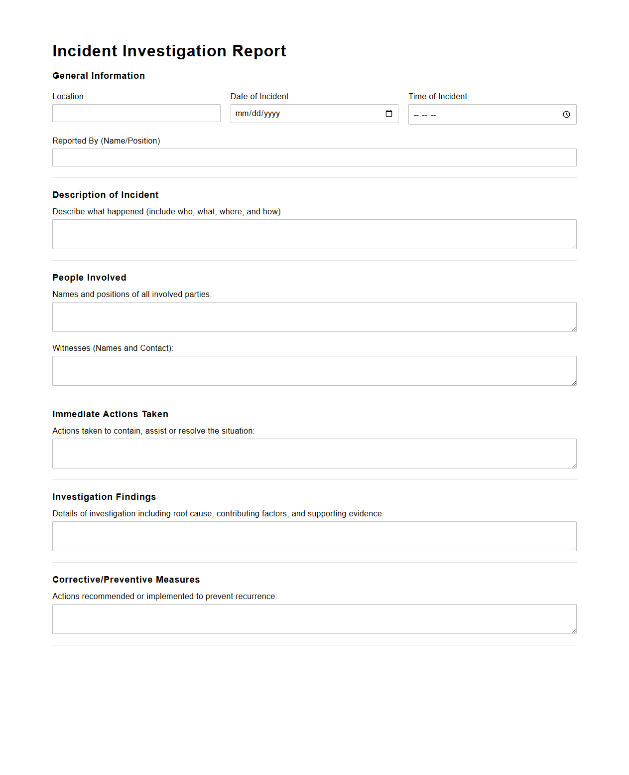 Incident Investigation Report for Hospitality Settings