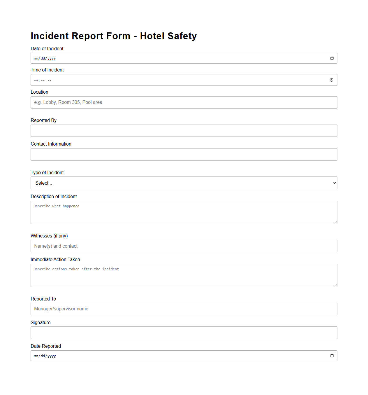 Incident Report Form Template for Hotel Safety