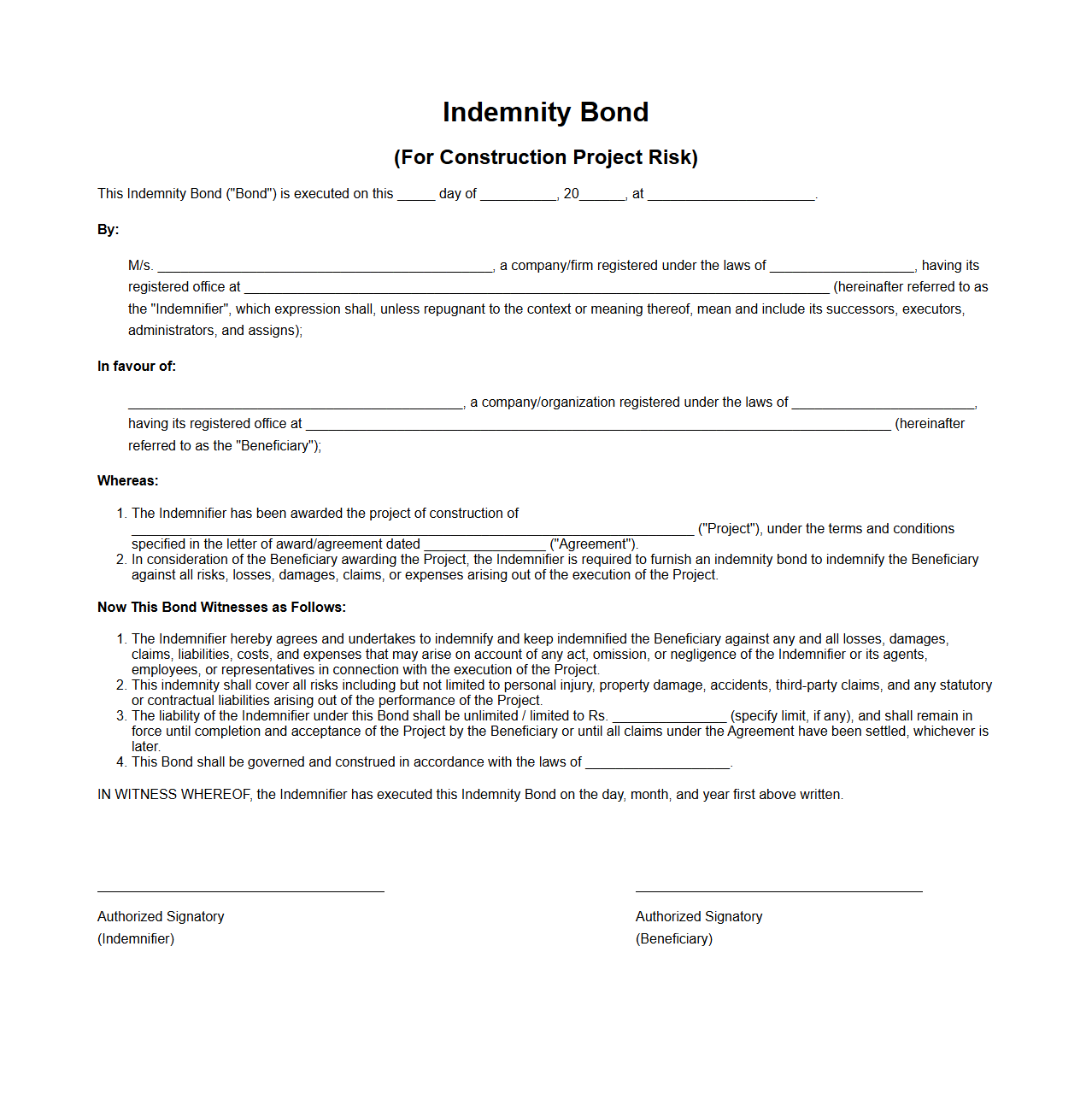 Indemnity Bond for Construction Project Risk