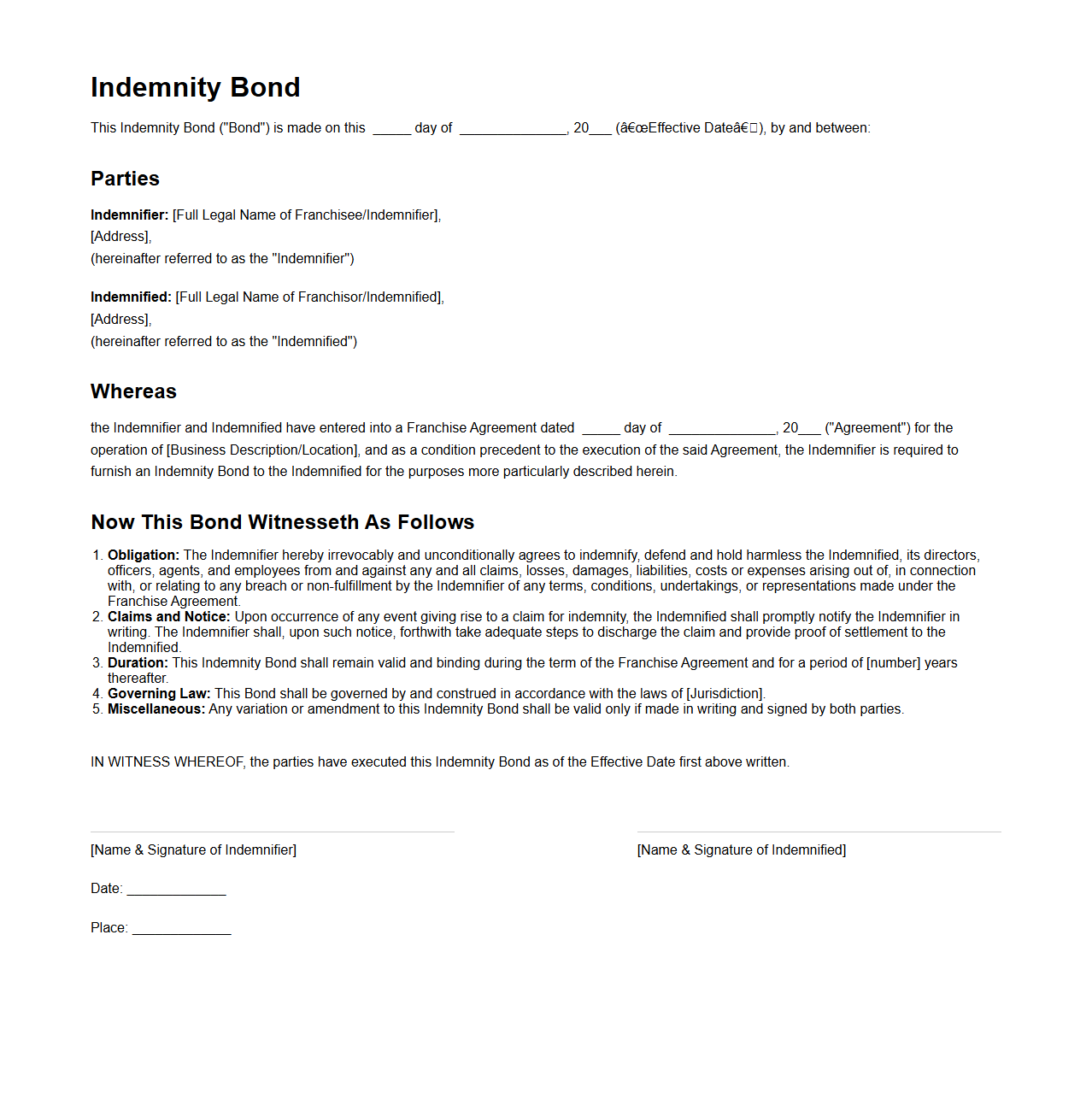Indemnity Bond Structure for Franchise Agreements