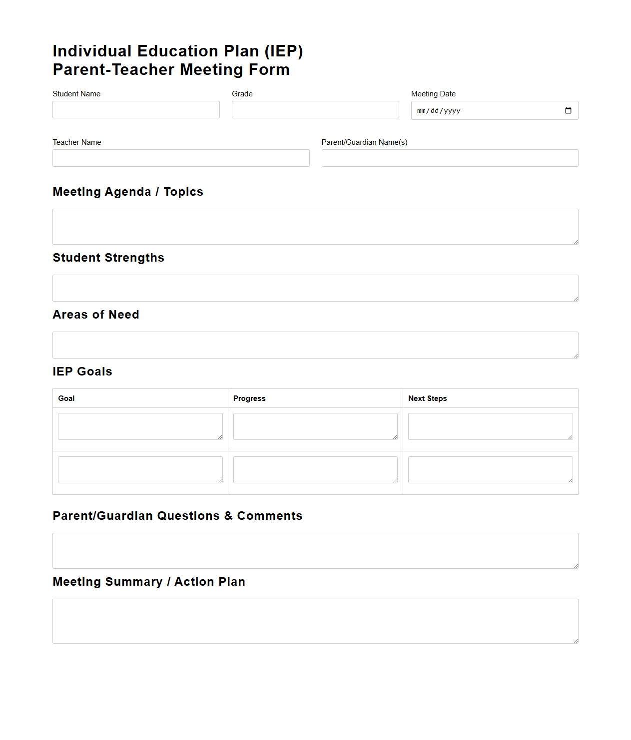 Individual Education Plan (IEP) Parent-Teacher Meeting Form