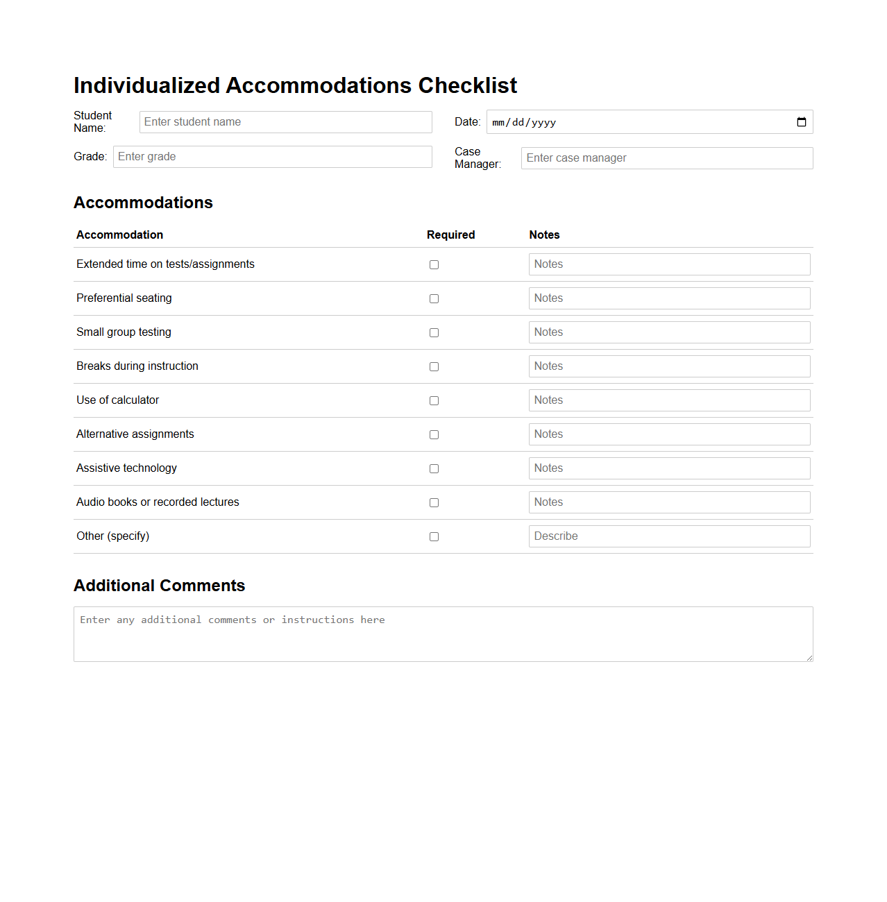 Individualized Accommodations Checklist