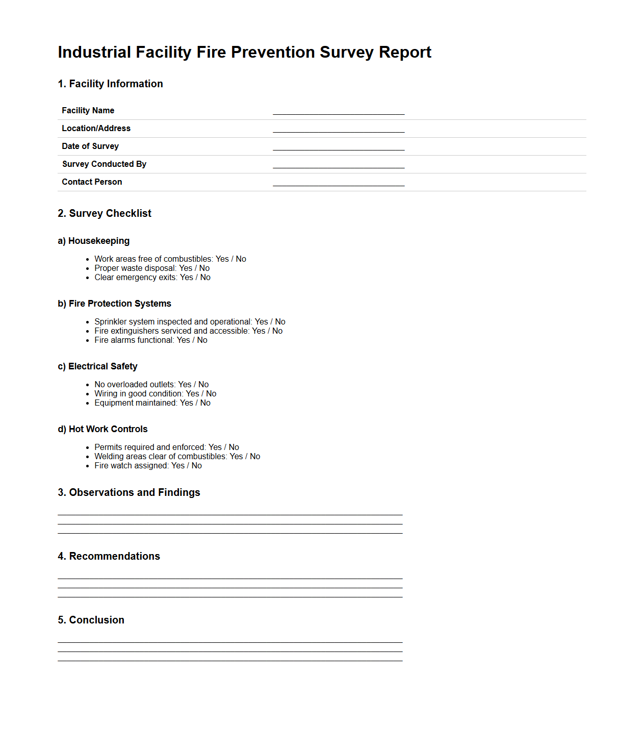 Industrial Facility Fire Prevention Survey Report Example