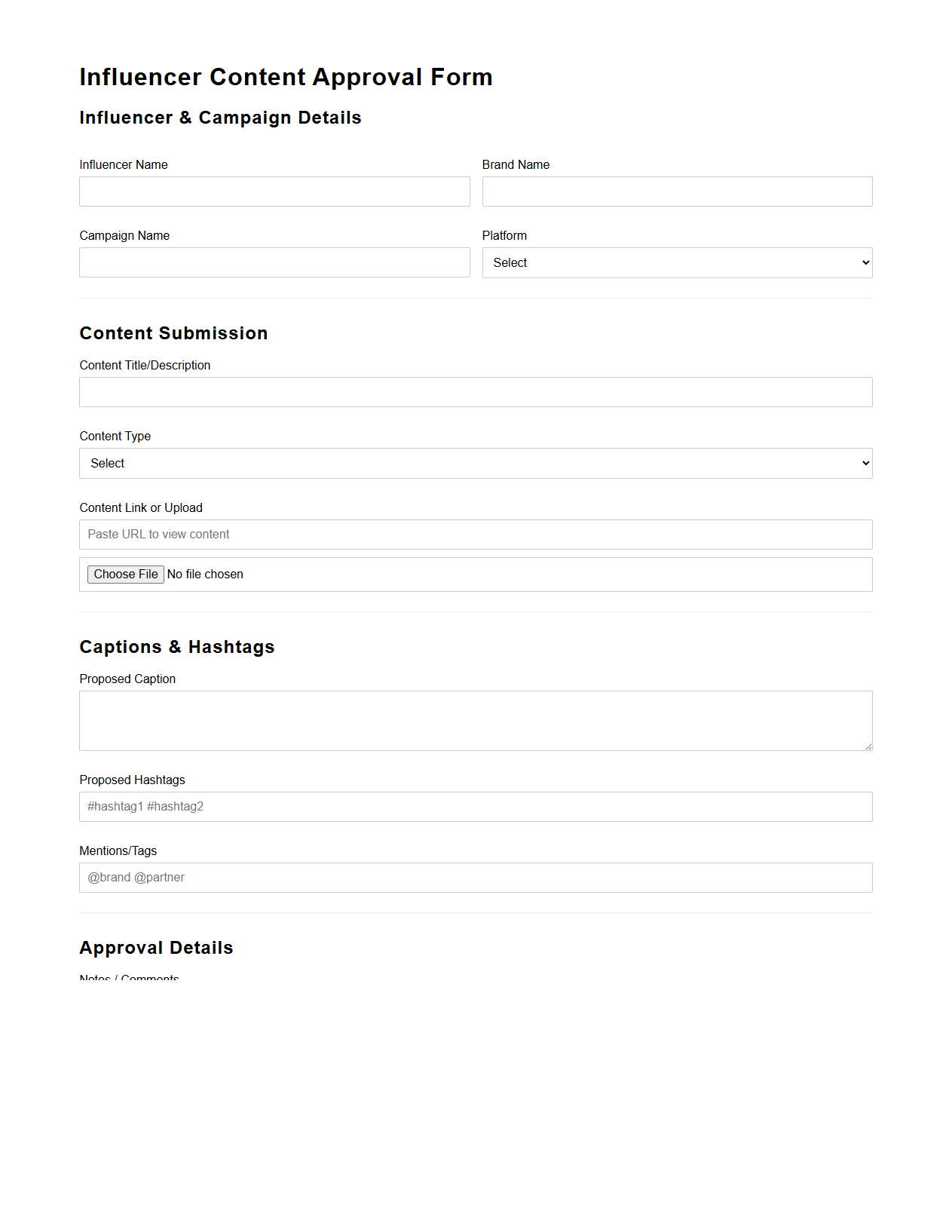 Influencer Content Approval Form for Brand Campaigns