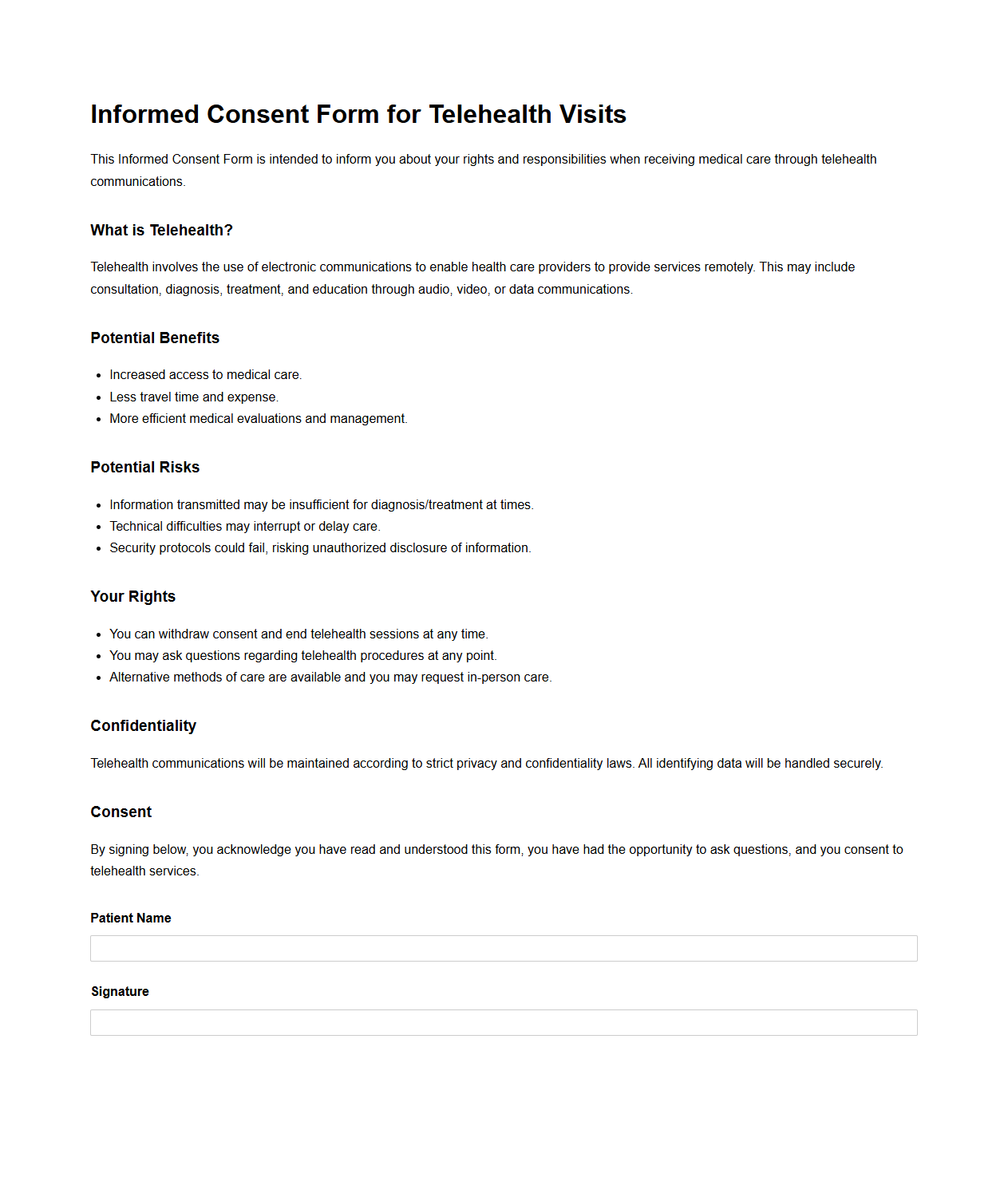 Informed Consent Form for Telehealth Visits