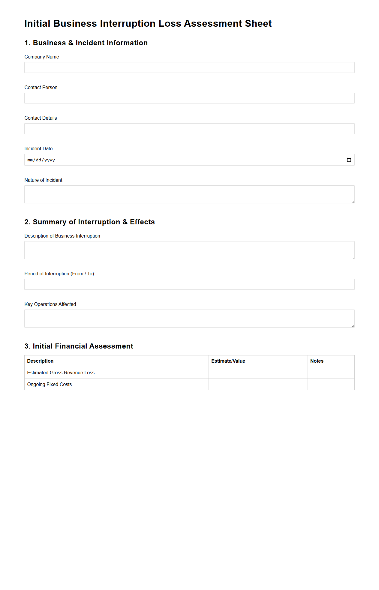 Initial Business Interruption Loss Assessment Sheet