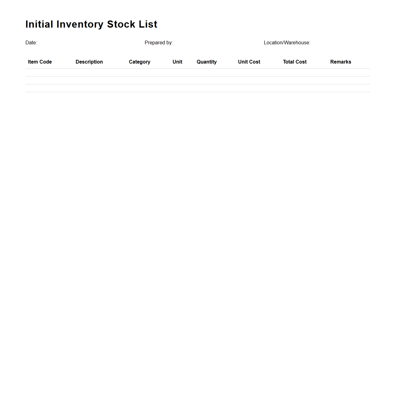 Initial Inventory Stock List Template
