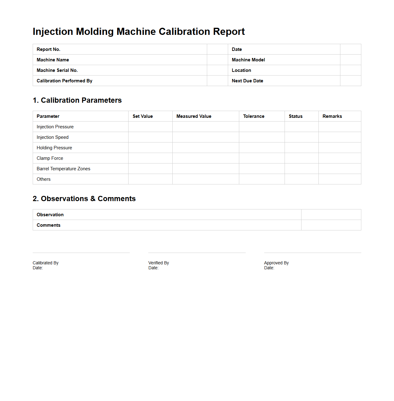 Injection Molding Machine Calibration Report Format