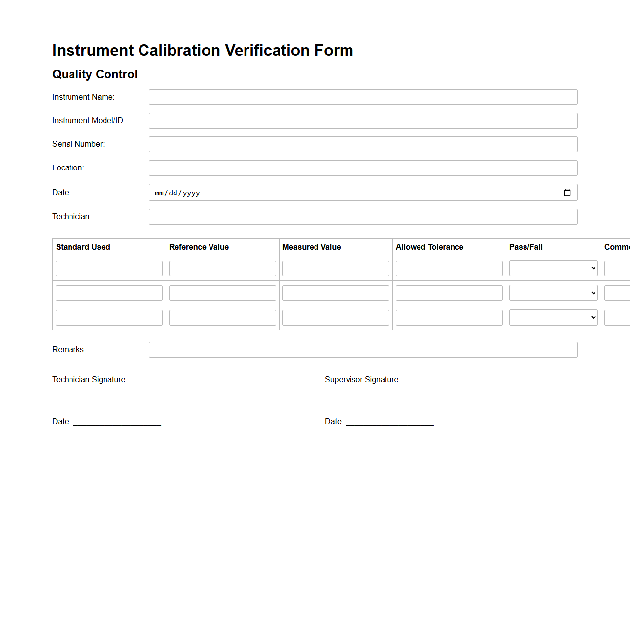 Instrument Calibration Verification Form for Quality Control