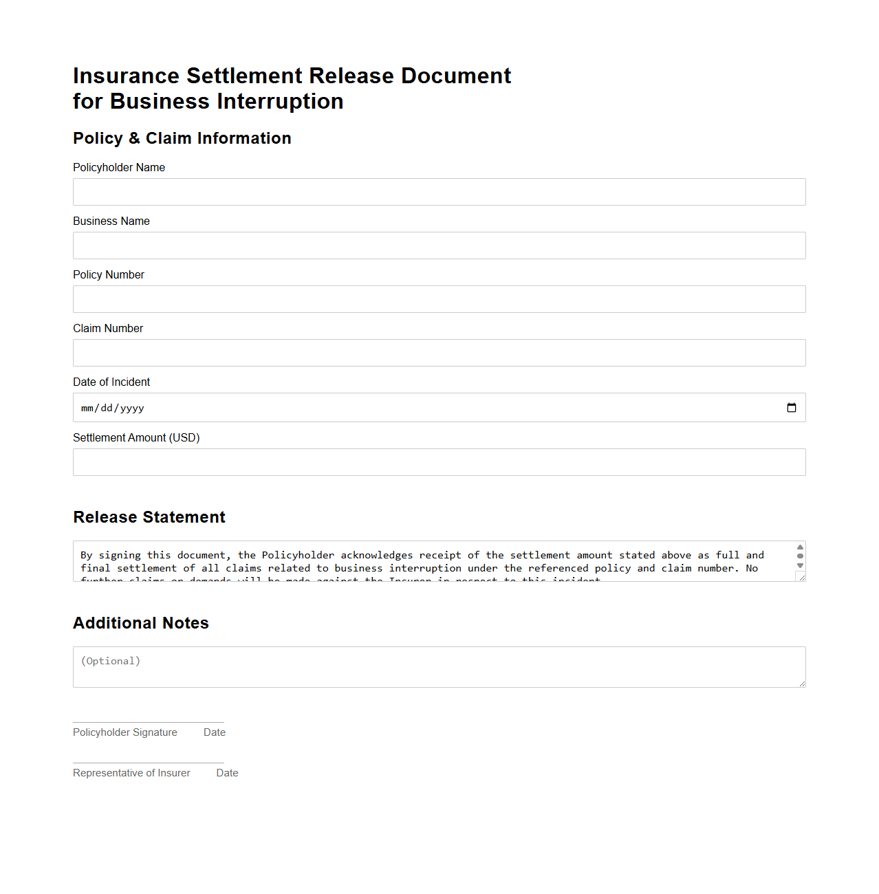 Insurance Settlement Release Document for Business Interruption
