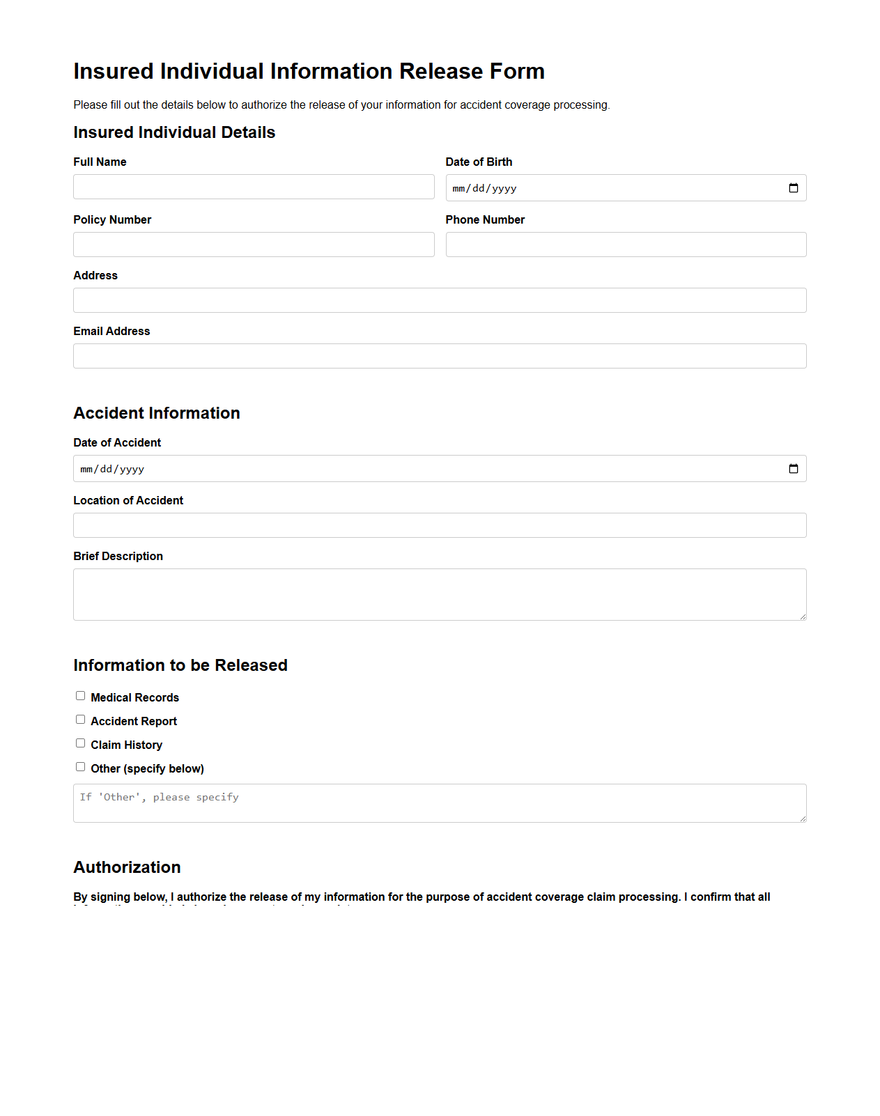 Insured Individual Information Release Form for Accident Coverage