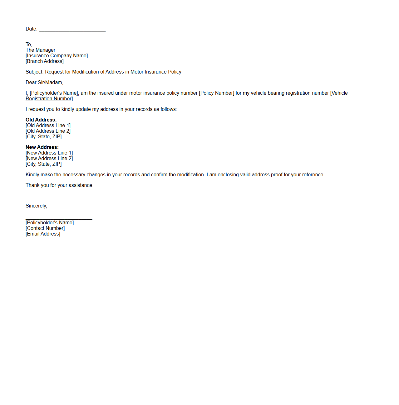 Insured’s Address Modification Letter for Motor Insurance