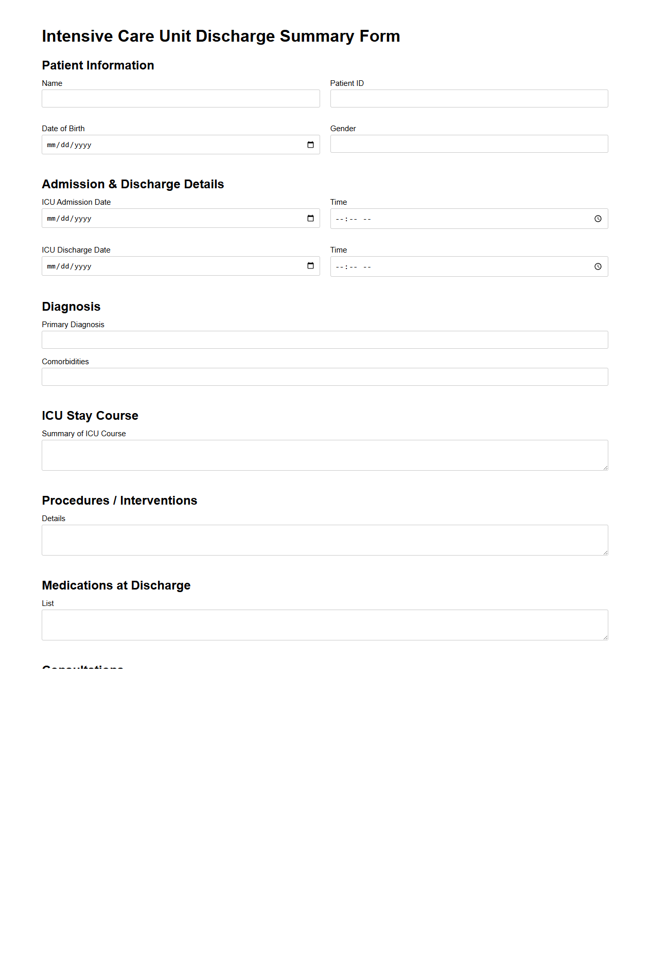 Intensive Care Unit Discharge Summary Form