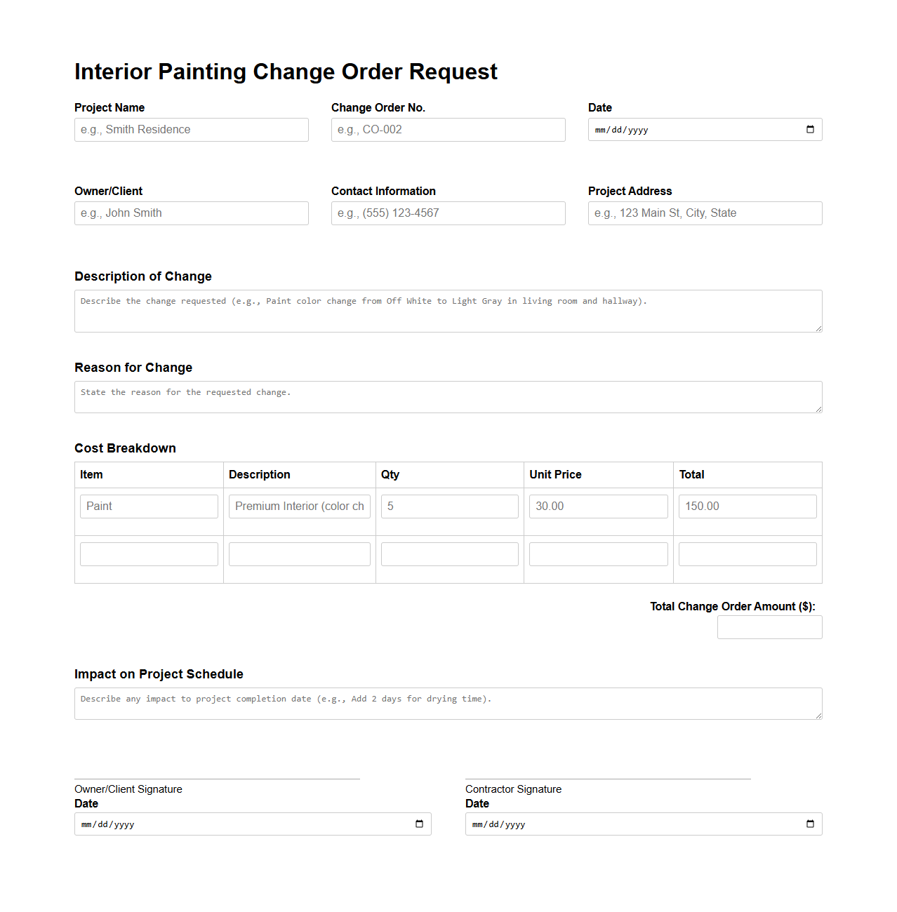 Interior Painting Change Order Request Example