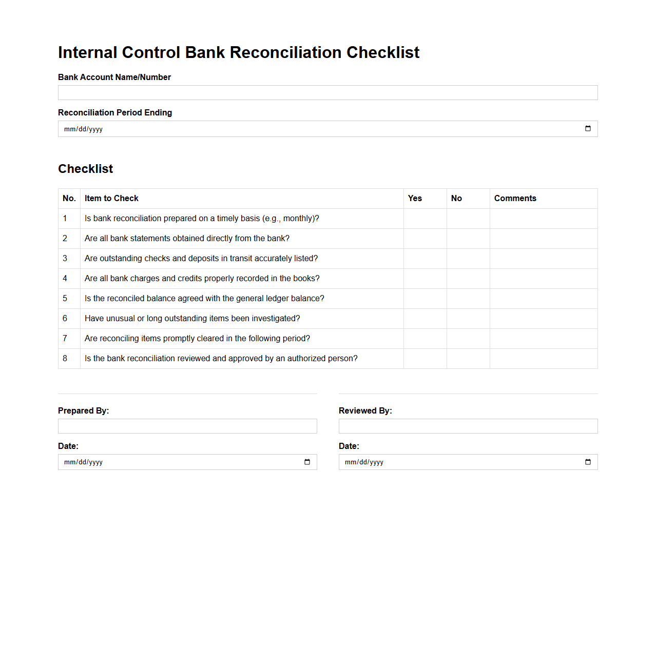 Internal Control Bank Reconciliation Checklist