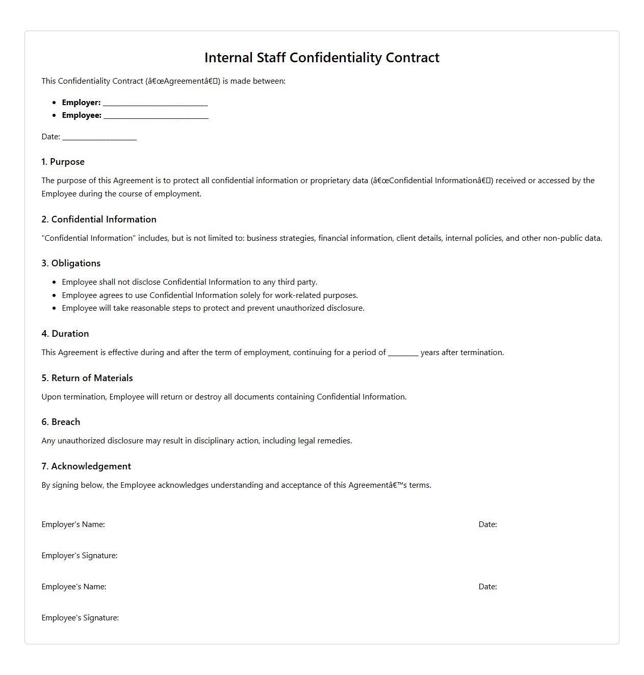 Internal Staff Confidentiality Contract Format