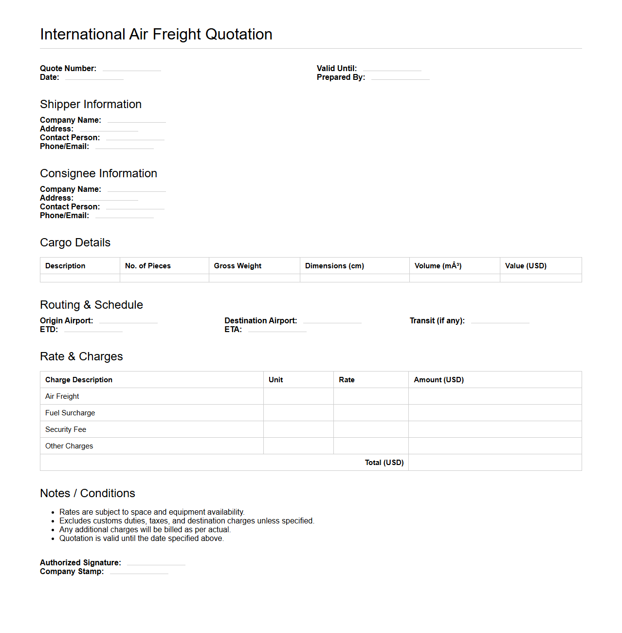 International Air Freight Quotation Template