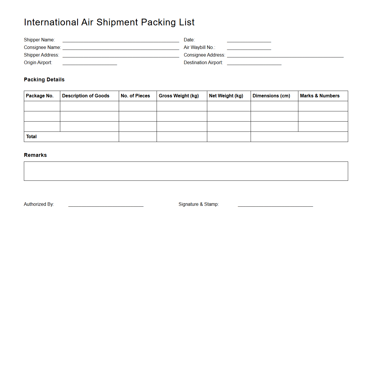 International Air Shipment Packing List Format