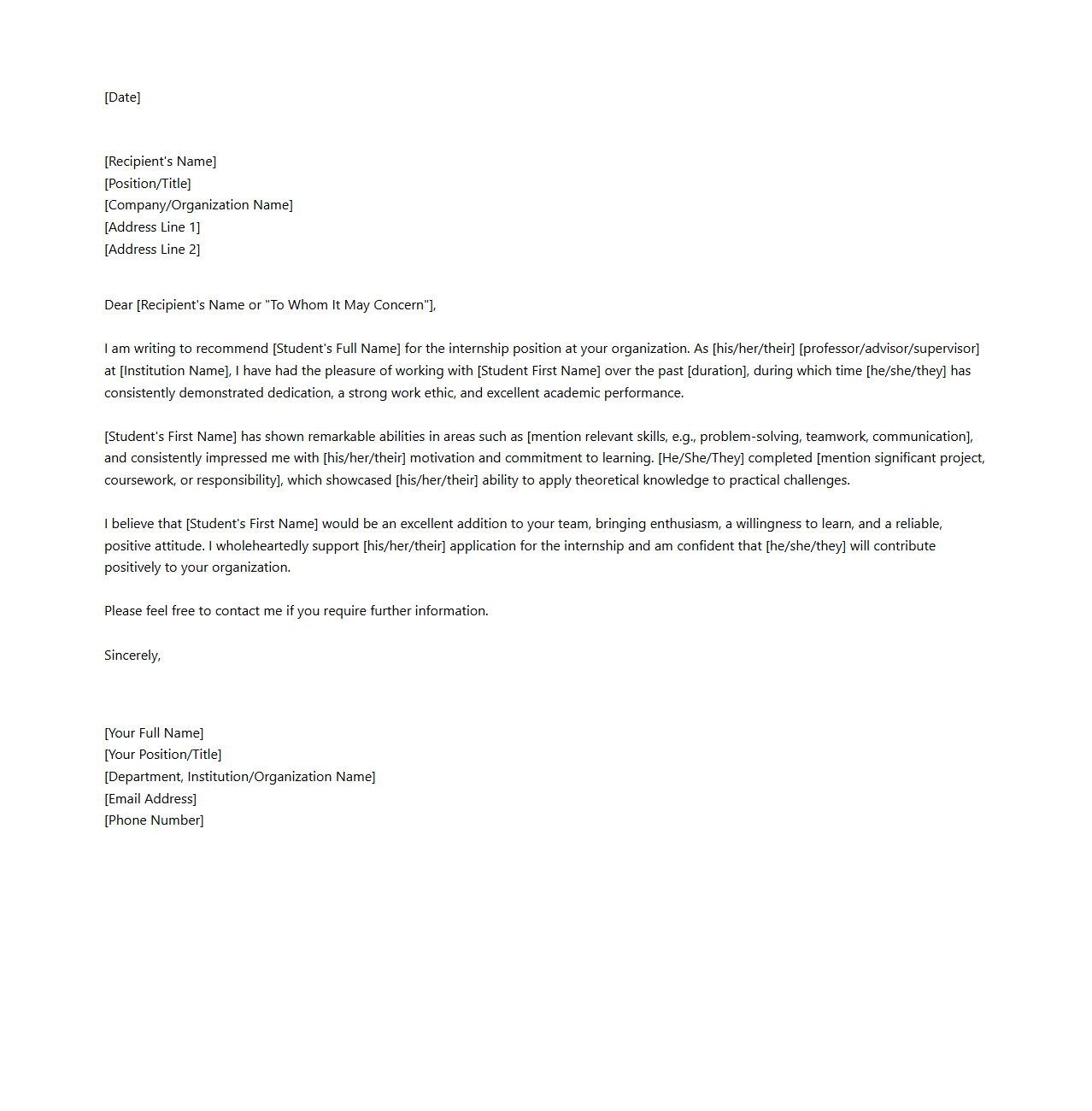 Internship Application Reference Letter for Student