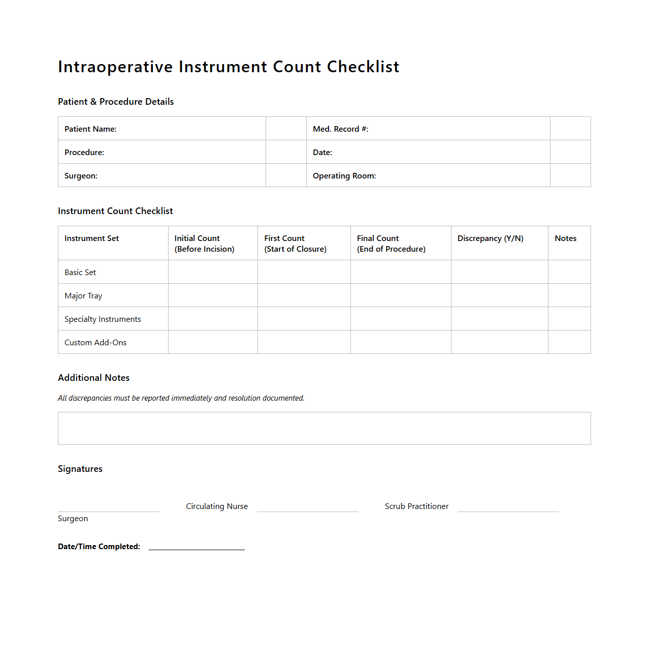 Intraoperative Instrument Count Checklist Template for Operating Room