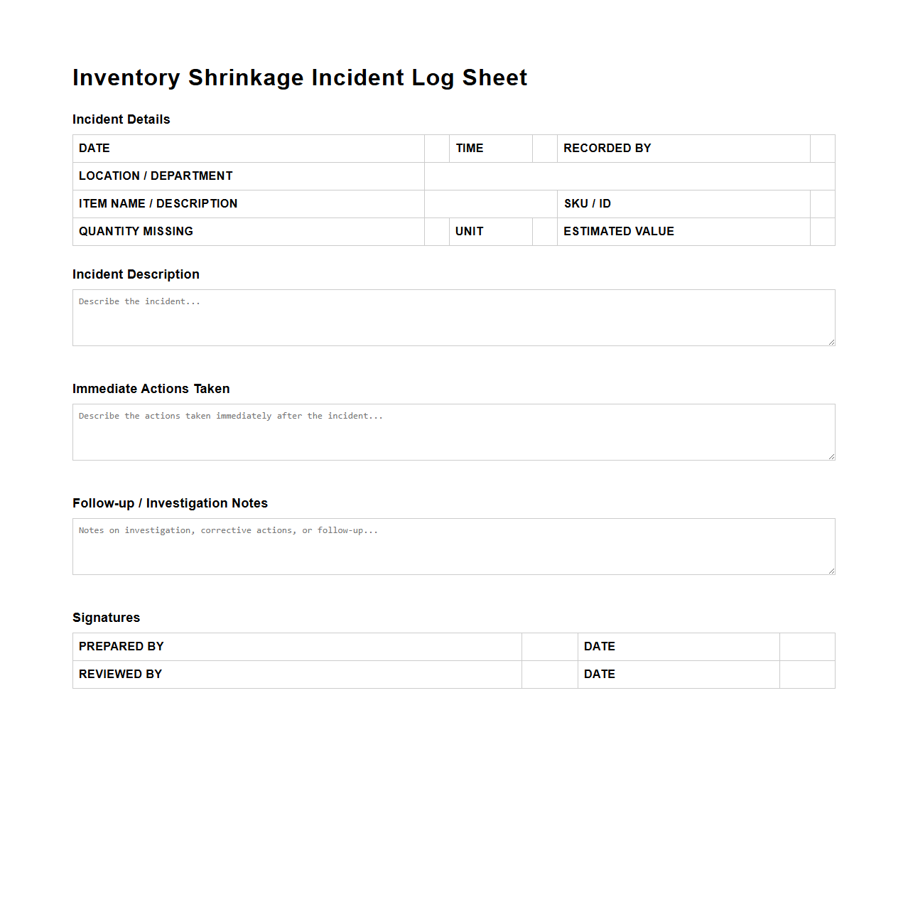 Inventory Shrinkage Incident Log Sheet