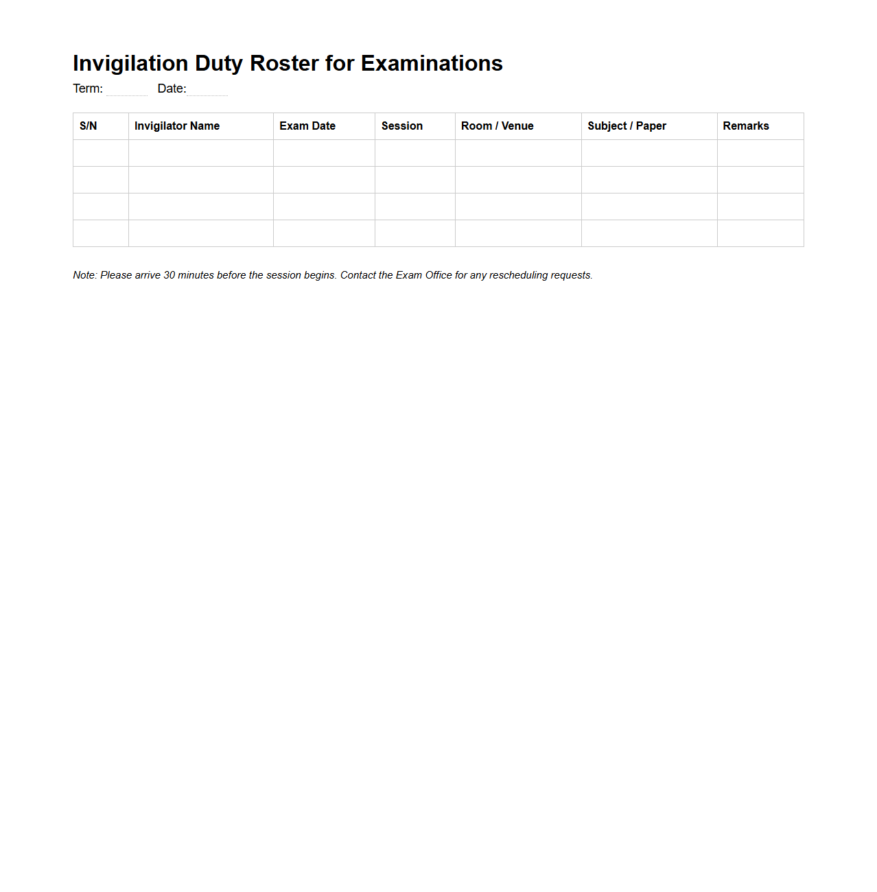 Invigilation Duty Roster for Examinations