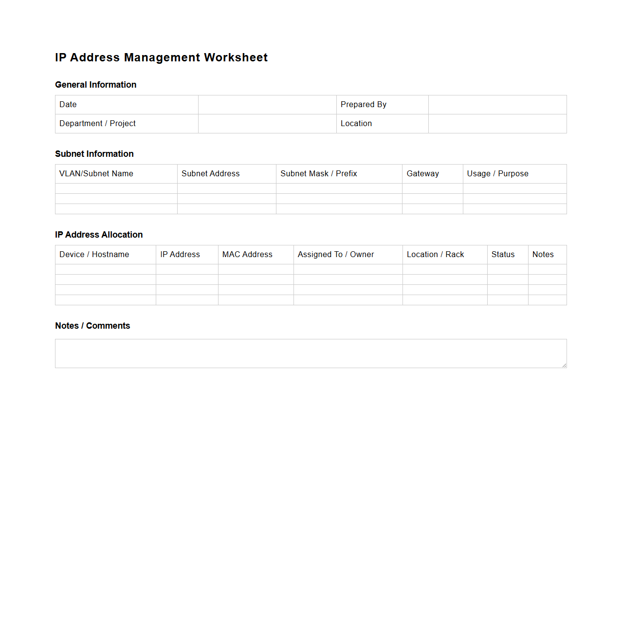 IP Address Management Worksheet for Enterprise IT