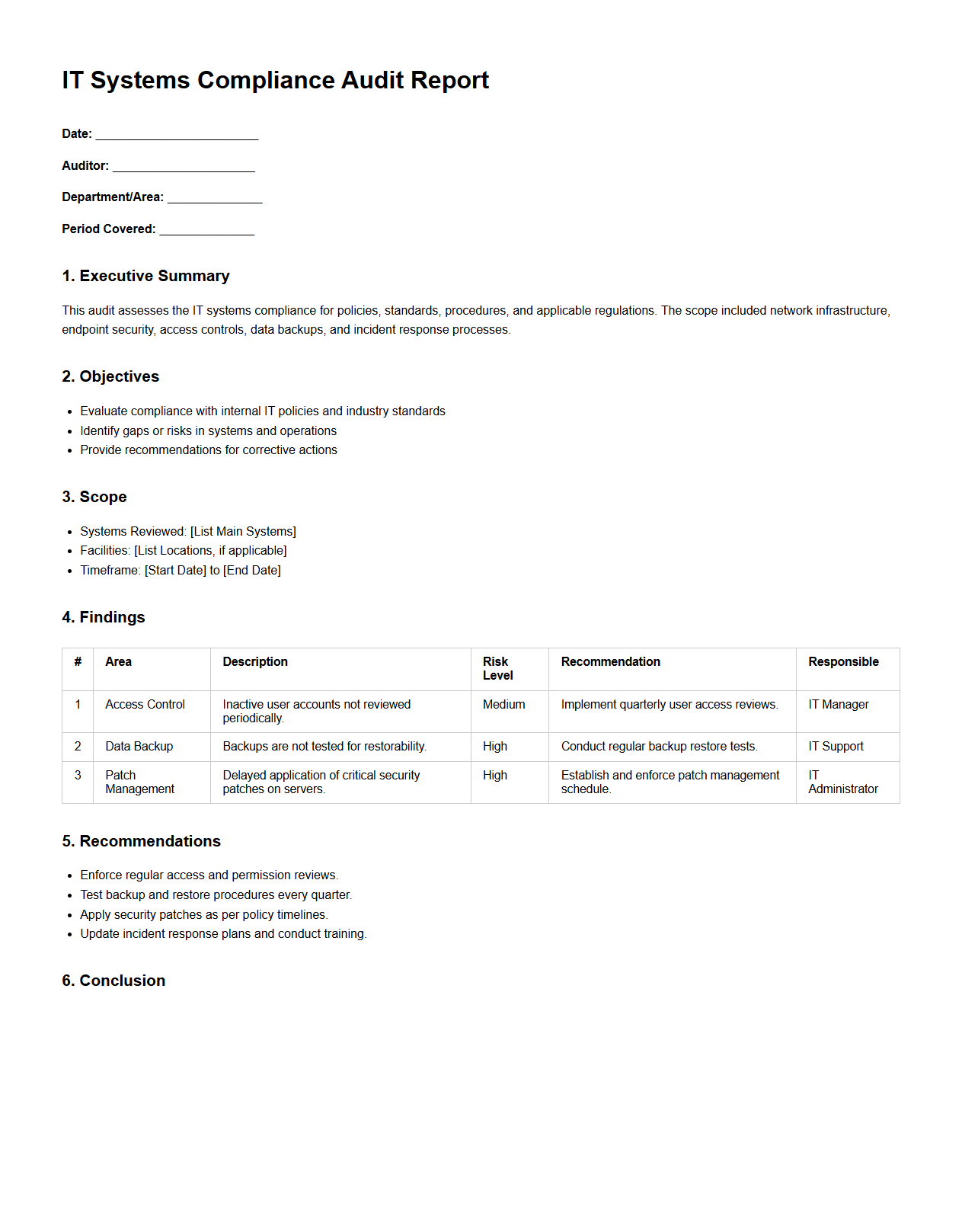 IT Systems Compliance Audit Report Sample