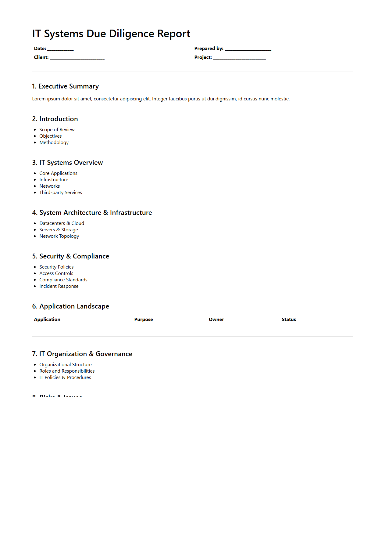 IT Systems Due Diligence Report Format for Consulting