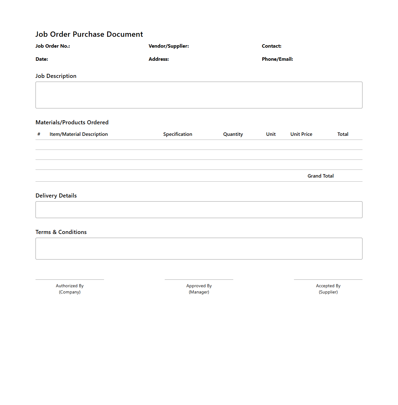 Job Order Purchase Document for Manufacturing