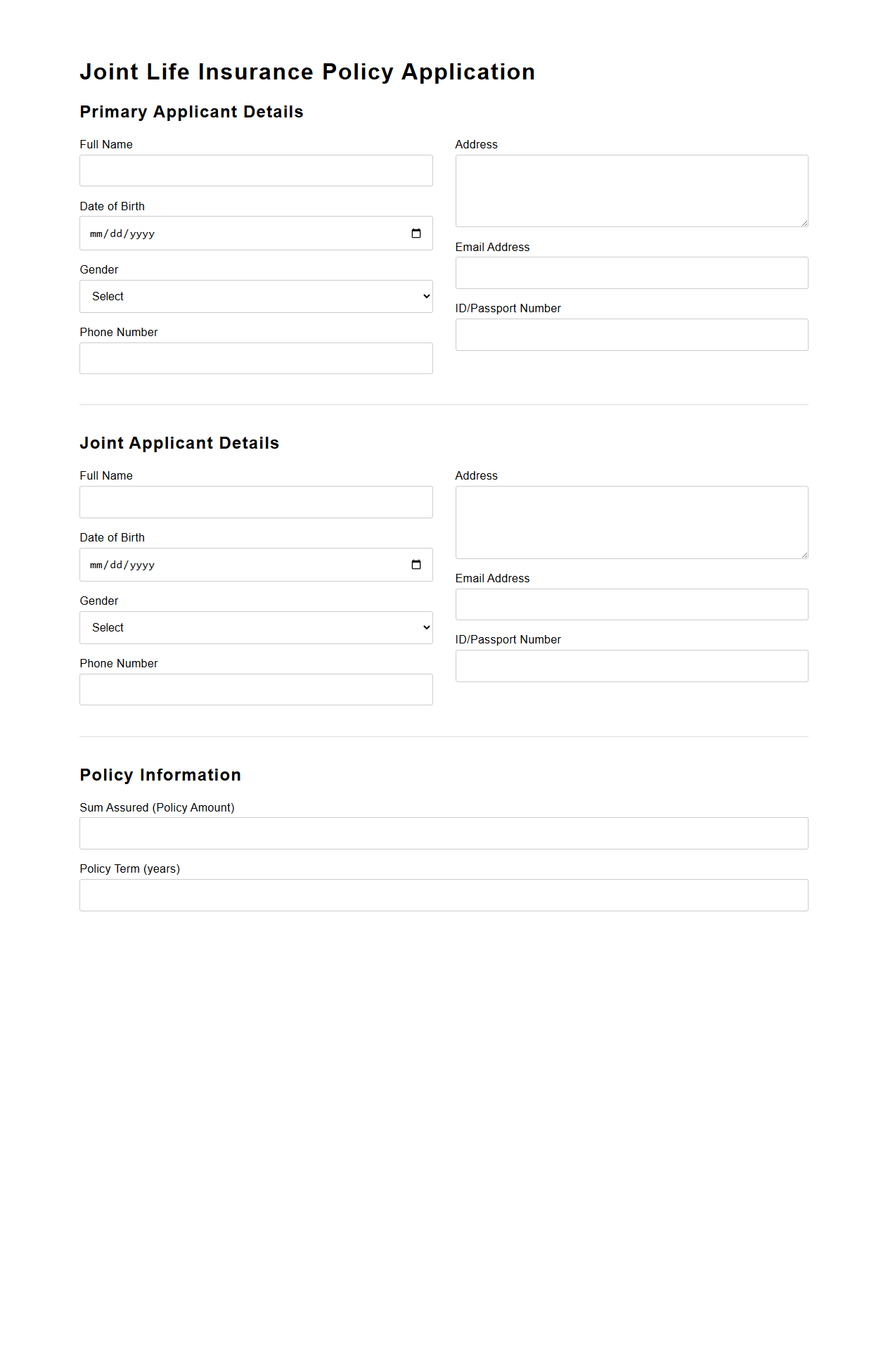 Joint Life Insurance Policy Application Template
