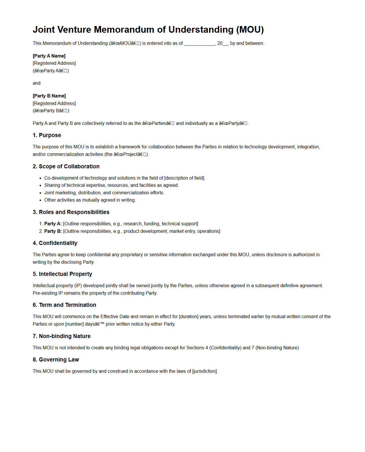 Joint Venture MOU Template for Technology Partnerships