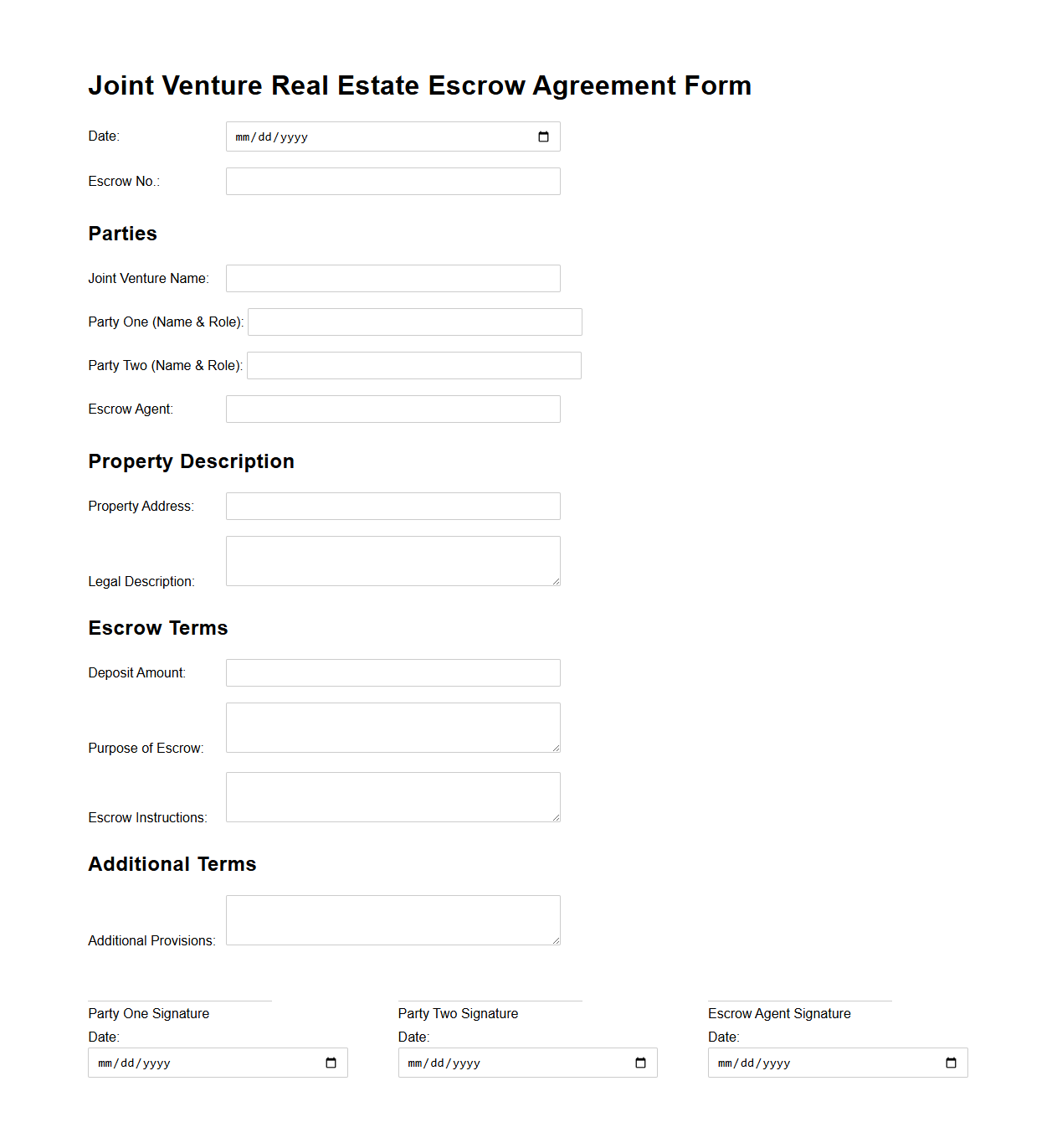 Joint Venture Real Estate Escrow Agreement Form