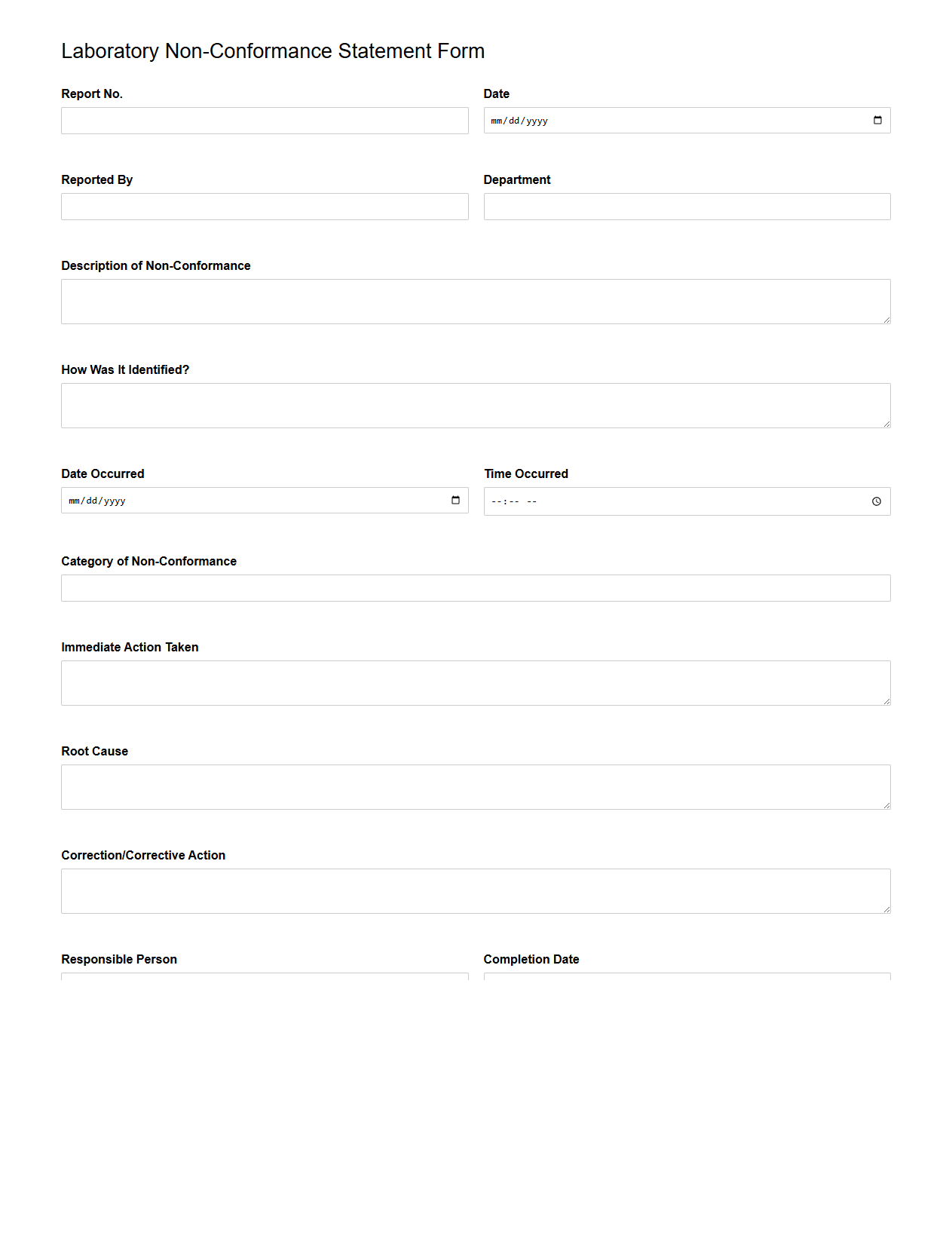Laboratory Non-Conformance Statement Form