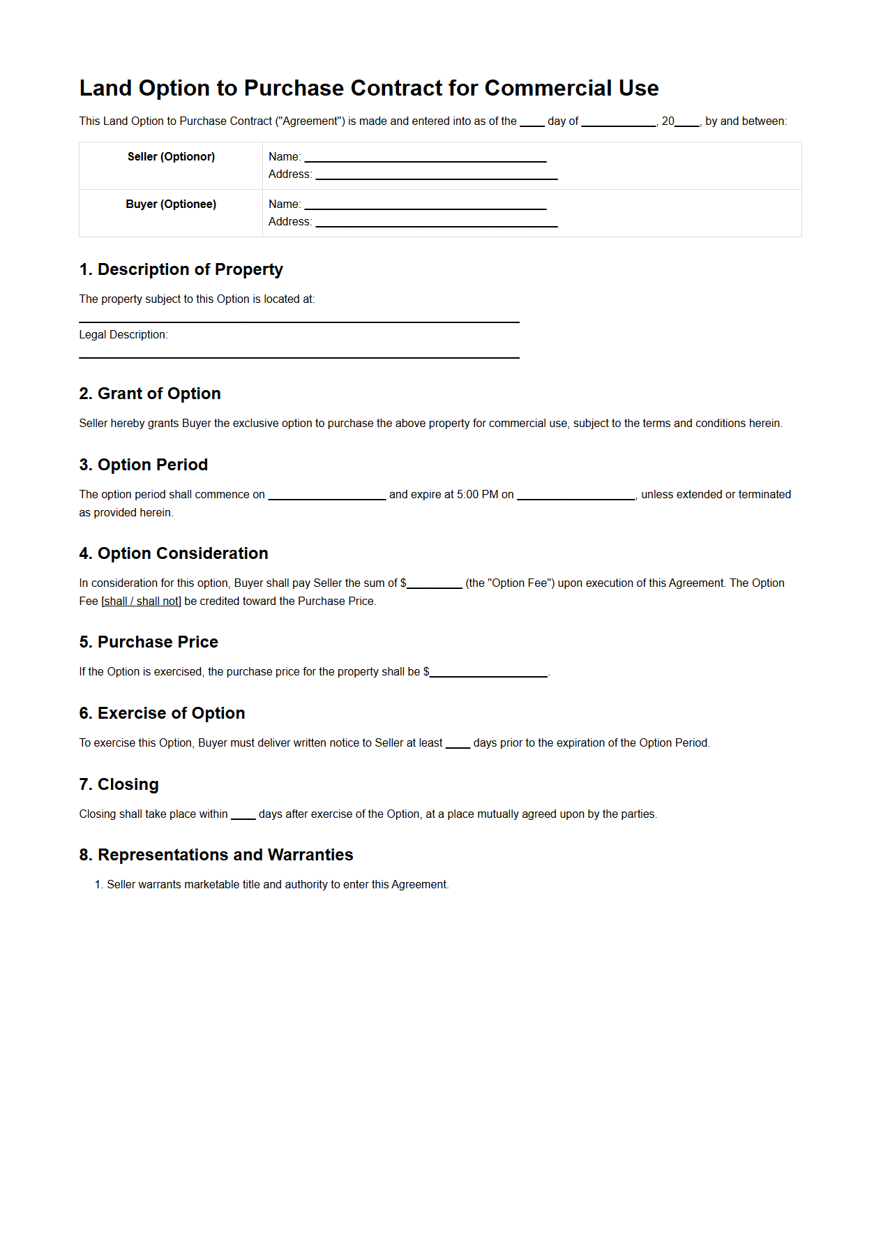Land Option to Purchase Contract for Commercial Use