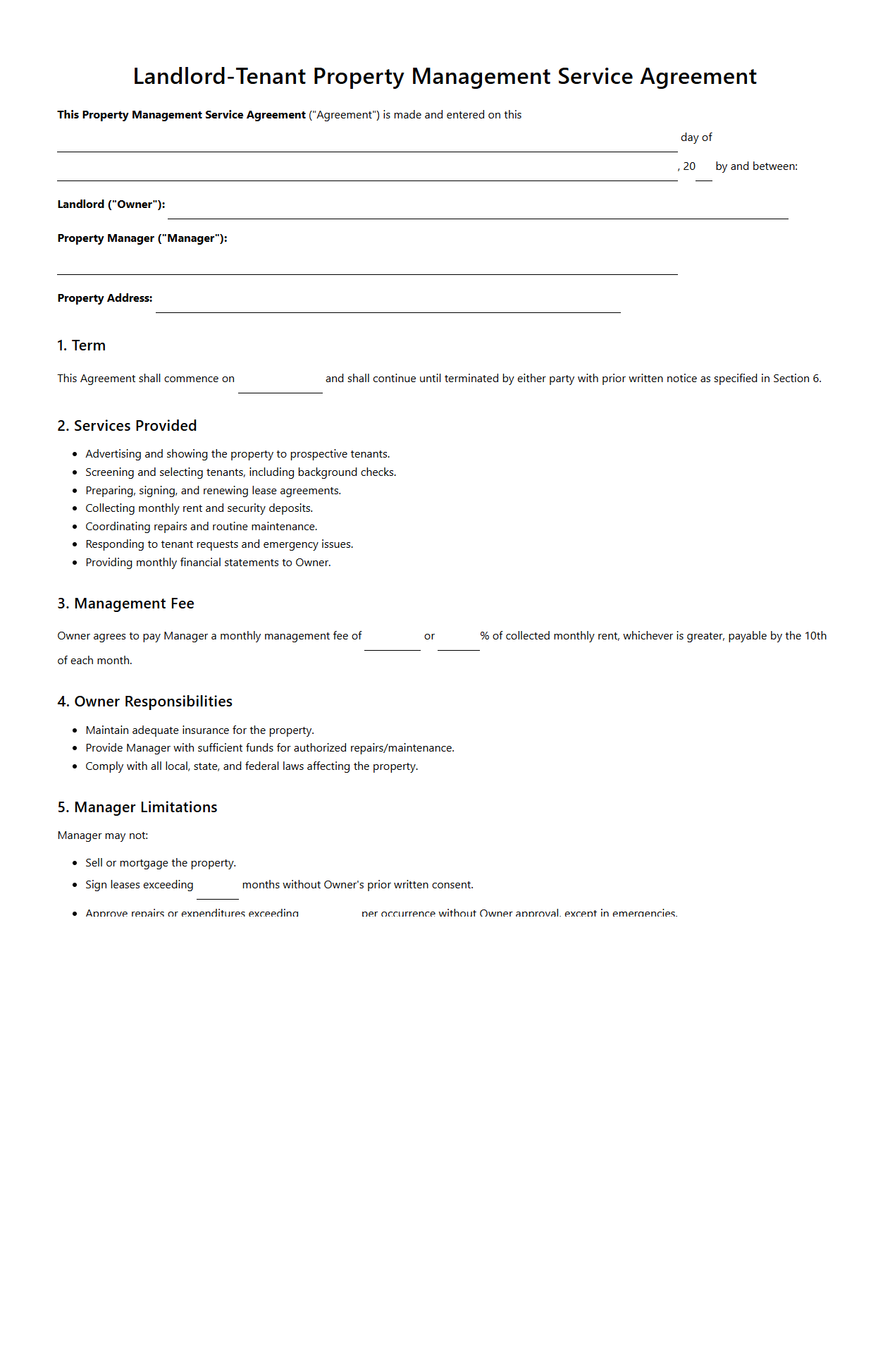 Landlord-Tenant Property Management Service Agreement