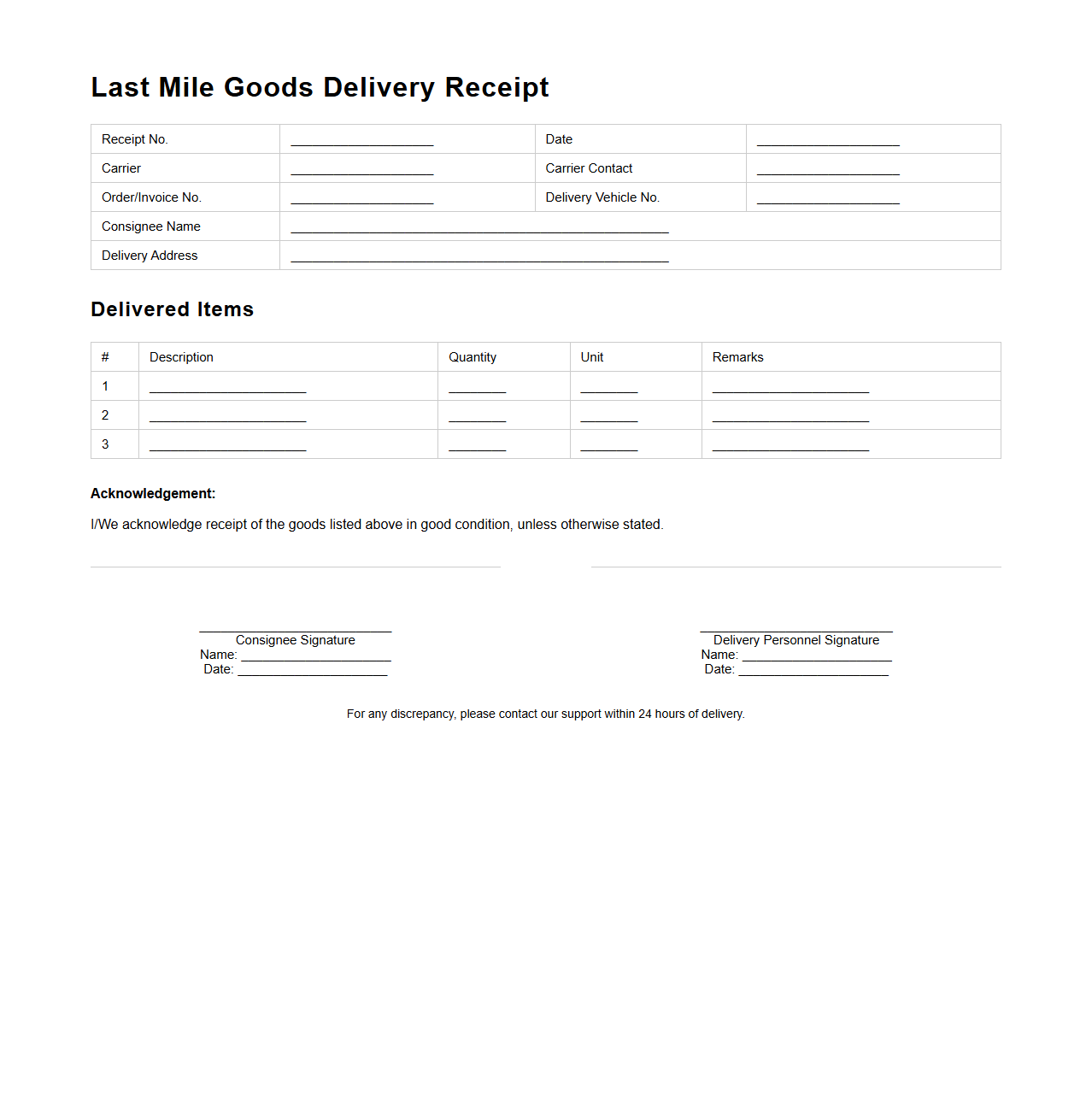 Last Mile Goods Delivery Receipt Format